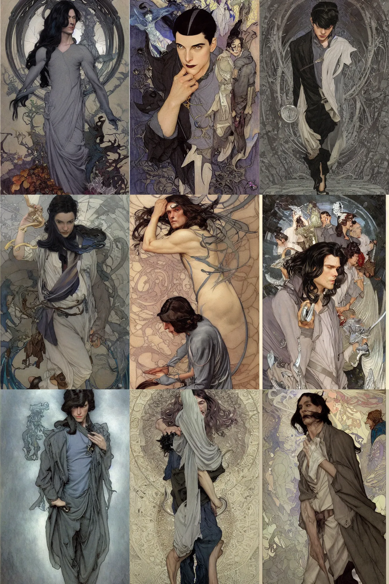 Prompt: thin male mage in gray clothes, long dark hair, silver, 1 9 2 0 s fashion, fantasy, art by joseph leyendecker, donato giancola, dean cornwell, peter mohrbacher, ruan jia, marc simonetti, ayami kojima, cedric peyravernay, alphonse mucha, thomas kinkade, victo ngai