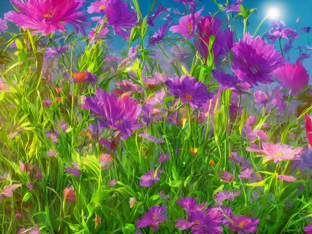 Image similar to sunlight study, wildflower undergrowth, art nouveau, by rachel ruysch and albert bietstadt and ( ( ( ( ( lisa frank ) ) ) ) ), 8 k, sharp focus, octane render, kauai