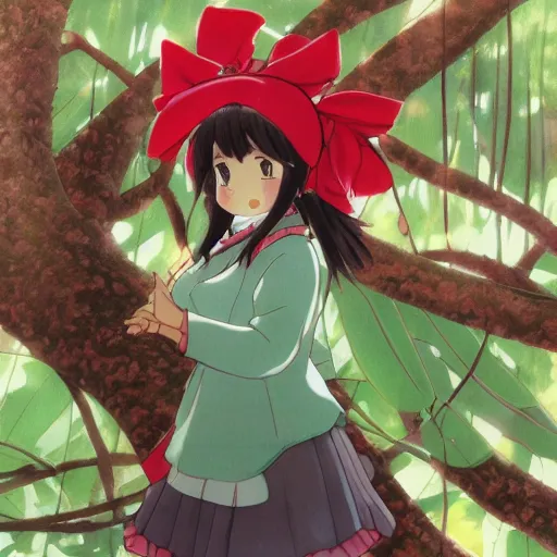 Image similar to a sakuga of reimu in the jungle wearing bonnet