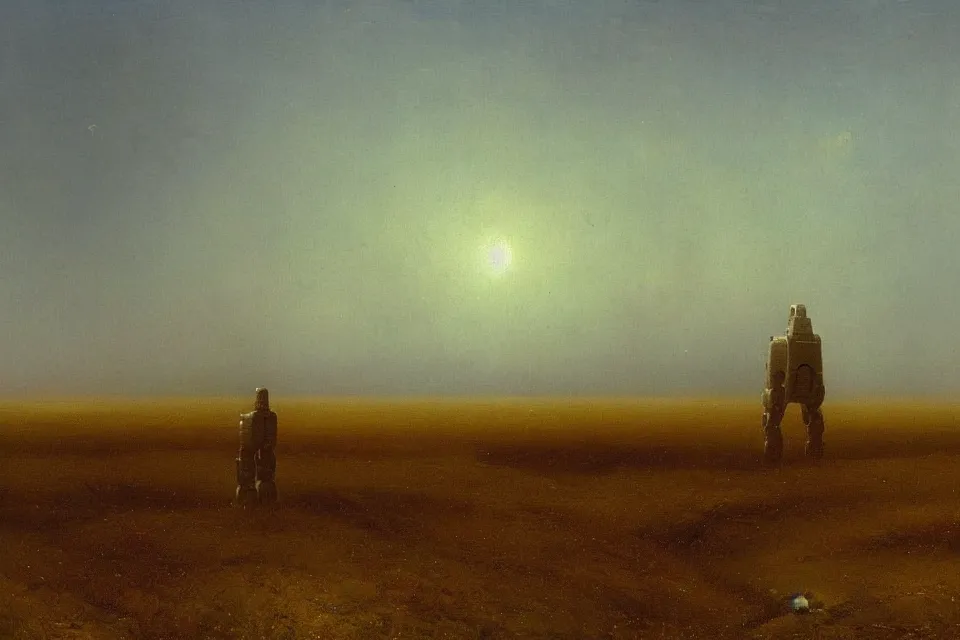 Prompt: sci-fi painting of a nearby large alien city on the vast wheat fields, the closed back view of one humanoid robot on the ground, by Ivan Aivazovsky, godrays, detailed