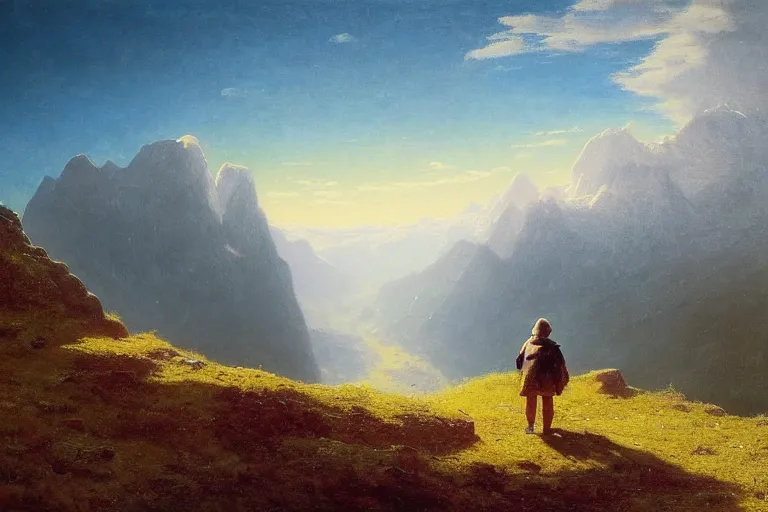 Image similar to a traveler wandering trough the mountains looking at the clouds, very detailed, focused, oil painting, cinematic lighting, albert bierstadt, trending on artstation, colorful, canvas, sunset, hans dahl, theodor kittelsen, hermann hendrich, national geographic, Konstantin Yakovlevich Kryzhitsky, beautiful nature, breathtaking, nordic