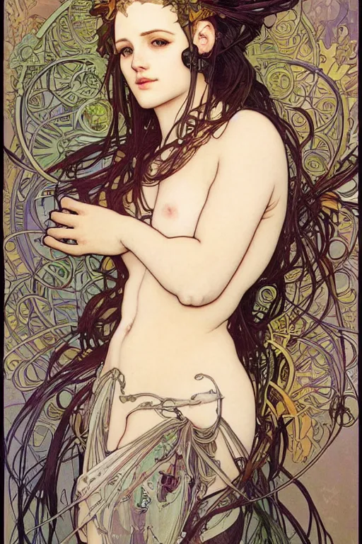 Image similar to realistic detailed portrait of a fully clothed adult cyberpunk! goddess by Alphonse Mucha, Charlie Bowater, Art Nouveau cyberpunk! style, mechanical accents!, flowing wires with leaves, rich deep moody colors