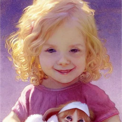 Image similar to a beautiful [[[[[smiling]]]]] little blonde toddler girl with short loosely curly hair, at the park on a beautiful day, holding a round all-pink stuffed penguin, by Artgerm, Mucha Klimt, Hiroshi Yoshida and Craig Mullins, featured on Artstation, CGSociety, Behance HD, Deviantart