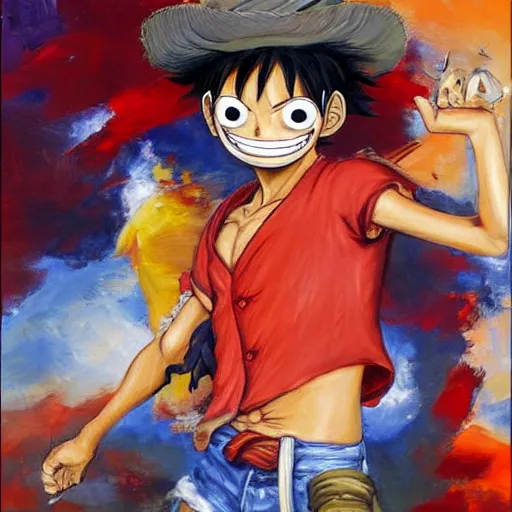 Prompt: monkey d. luffy oil - on - canvas painting, inspired by emanuel leutze