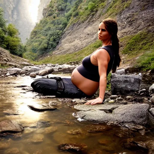 Prompt: lara croft pregnant laying in a river, scenic,