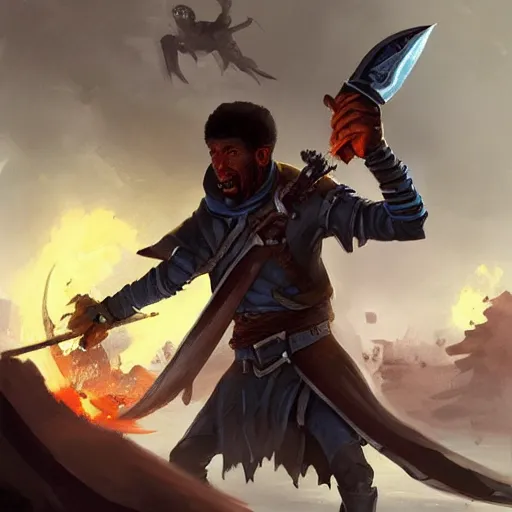 Image similar to a blackman rogue with a kukri fighting a french gentleman with a rapier, epic fantasy digital art, fantasy style art, by Greg Rutkowski, fantasy hearthstone card art style