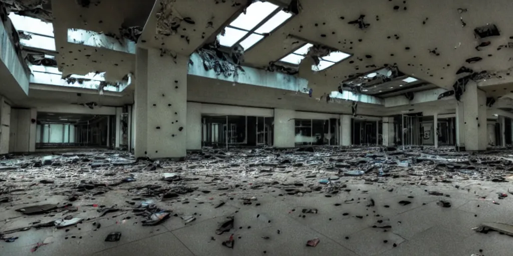 Prompt: abandoned replicant factory in a mall, damaged camcorder video