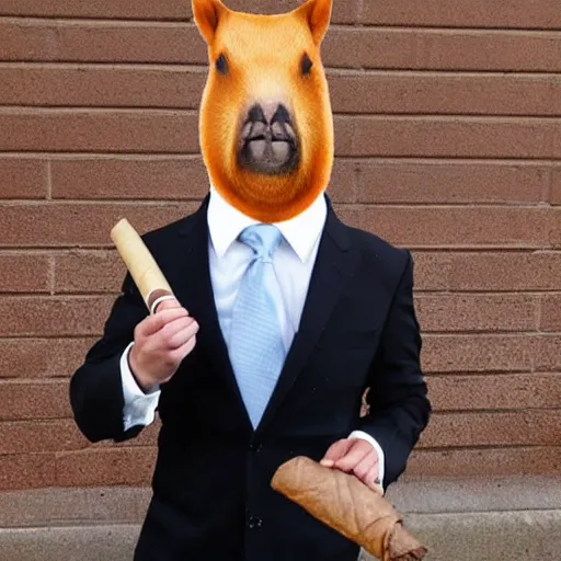 Image similar to smoking cigar, a man wearing a suit capybara head (smoking cigar)