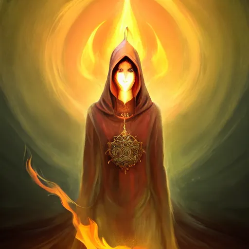 Prompt: ( a priestess with a hood that covers half her face carries an incense burner that emits a pleasantly colored flame. ) by anato finnstark, photorealistic, full body portrait, dynamic lighting, beautiful, trending on artstation, wallpaper, 4 k, award winning, digital art, golden hues, dream background