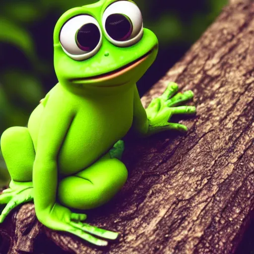 Image similar to baby pepe the frog, larg eyes, sitting on a log, pixar, disney, dynamic lighting, bokeh