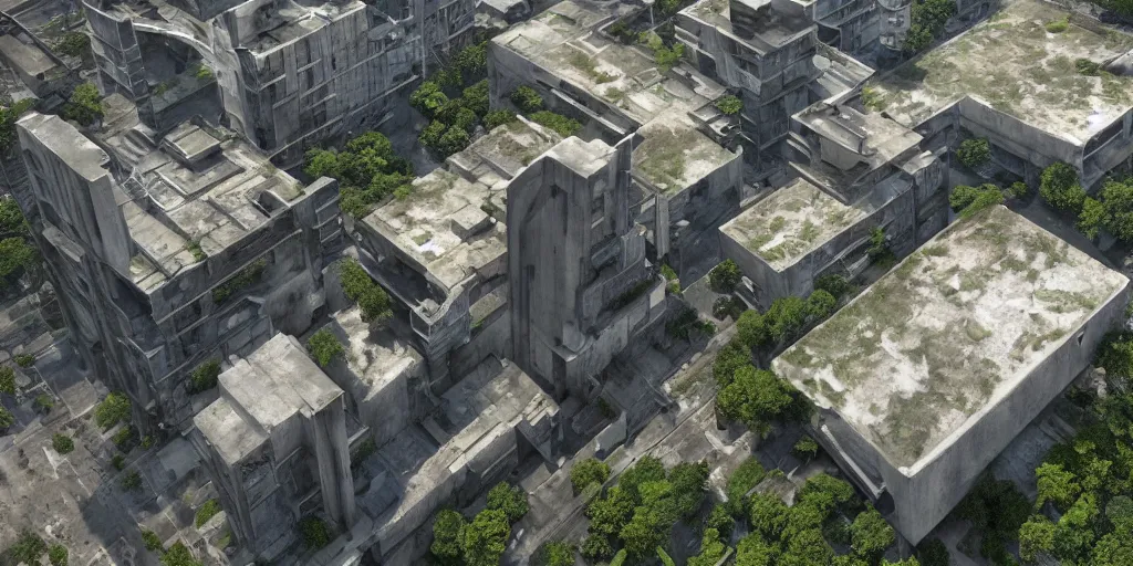 Prompt: brutalist architecture, abandoned, empty streetscapes surrounded by lush green vegetation, aerial view, stunning volumetric lighting, sunset, rusted steel, solid concrete, glass, stunning skies, trending on Artstation, 8k, photorealistic, hyper detailed, unreal engine 5, IMAX quality, cinematic, epic lighting, in the style of the game DOOM, by Greg Rutkowski