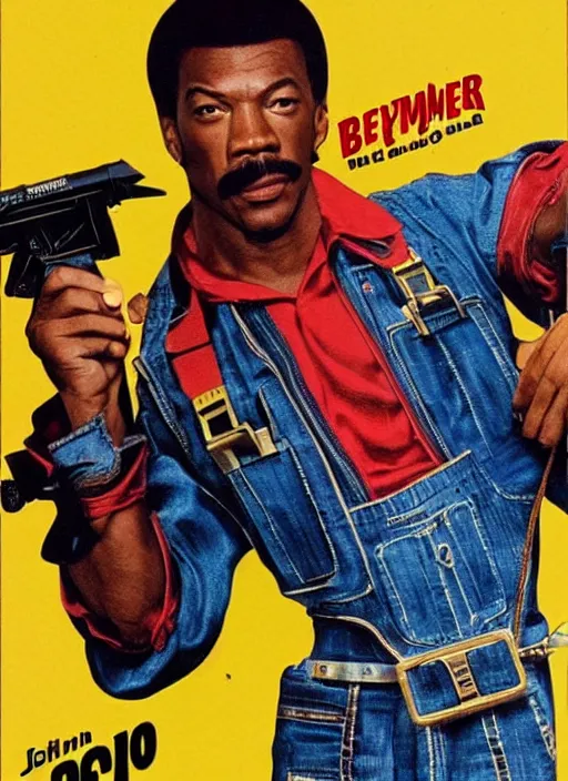 Image similar to an 8 0's john alvin action movie poster starring eddie murphy face as a plumber to rich people. bathroom. overalls. tool belt. the movie is called beverly hills crap