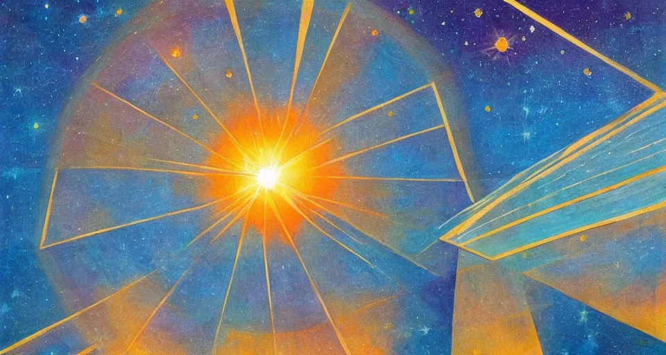 Prompt: hexagonal solar sail in space between the sun and earth, art deco painting