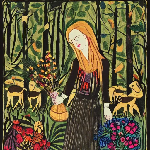 Prompt: In the illustration Vasilisa can be seen standing in the forest, surrounded by animals. She is holding a basket of flowers in one hand and a spindle in the other. Her face is turned towards the viewer, with a gentle expression. In the background, the forest is depicted as a dark and mysterious place. de stijl, black velvet by Erich Heckel, by Helene Schjerfbeck dynamic, soothing