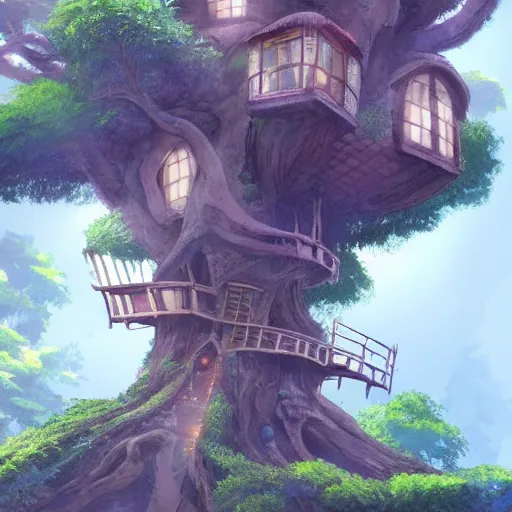 Prompt: House in a giant tree with a ghibli studio style, Artstation, concept art, 4k, 8k, high detailed