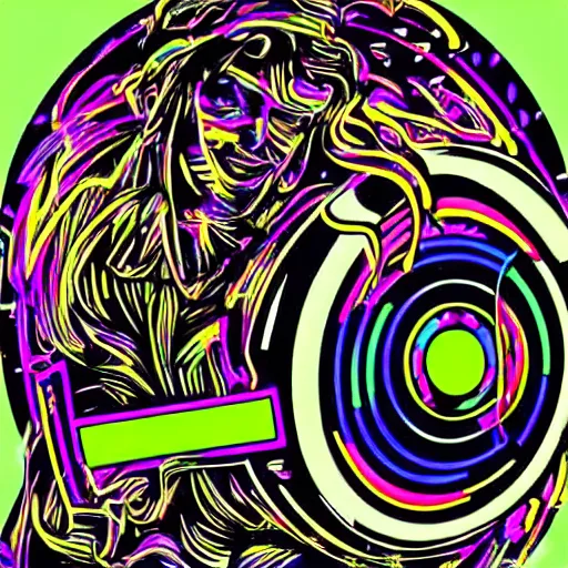 Prompt: svg sticker of a Dancing-Alex-Grey-Psychedelic-Rave-Man, at a rave, spinning records, giant headphones rocking out, wearing headphones, huge speakers, dancing, rave, DJ, spinning records, digital art, amazing composition, rule-of-thirds, award-winning, trending on artstation, featured on deviantart