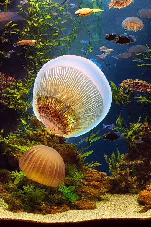 Image similar to a beautiful painting of a cylindrical moon jellyfish tank in an aquarium, ray of light, shimmering and prismatic, rococo, highly detailed, trending on artstation.