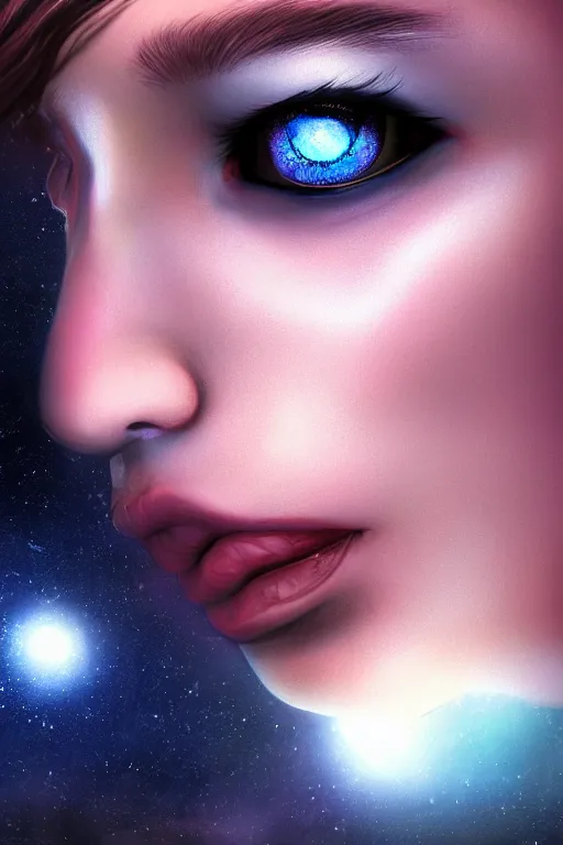 Image similar to beautiful hyper realistic, moonbow queen, highly detailed, artgerm, artstation, deviantart, black, malicious, dark, extreme closeup three-quarter android portrait, tilt shift LaGrange point orbit background, three point perspective, focus on portrait of two androids; pointé pose; eye contact, kinemacolor, soft lighting
