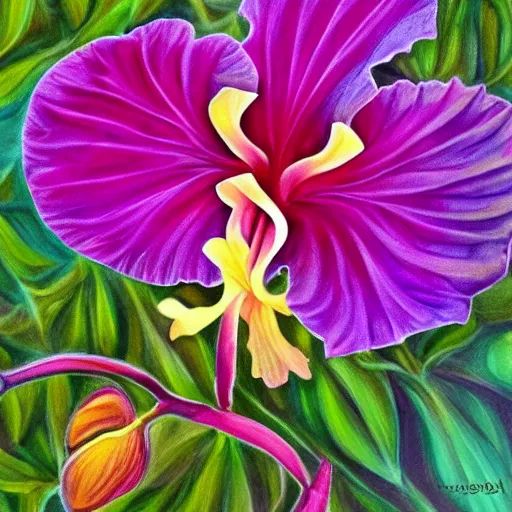 Image similar to a hibiscus orchid flower fusion, high detail