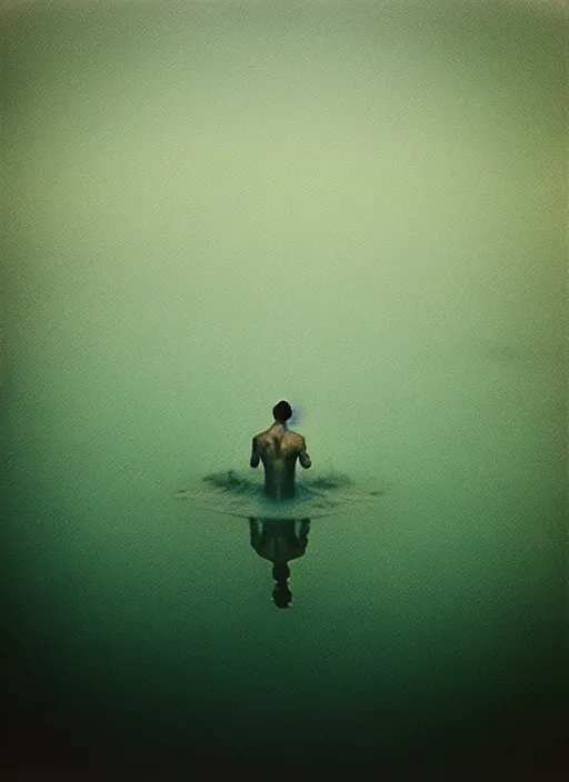 Image similar to “semitranslucent frog body vertically hovering over misty lake waters in jesus christ pose, low angle, long cinematic shot by Andrei Tarkovsky, paranormal, eerie, mystical”