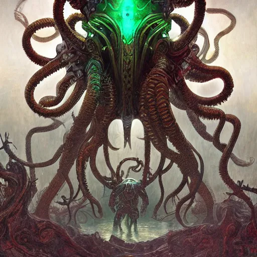 Prompt: A cyborg Cthulhu as the ultimate tyrant emperor of the universe. Trending on ArtStation. A vibrant digital oil painting. A highly detailed fantasy character illustration by Wayne Reynolds and Charles Monet and Gustave Dore and Carl Critchlow and Bram Sels