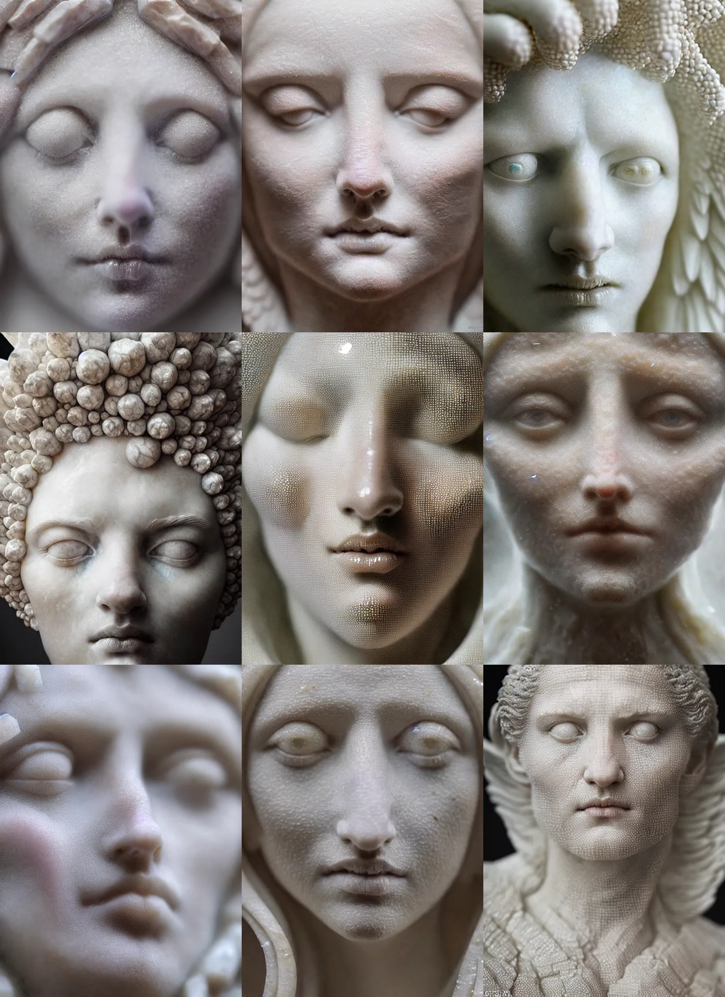 Prompt: beautiful closeup portrait of a ethereal angel made of eyes, marble sculpture by greg rutkowski, josan gonzalez, rodin, michelangelo, cinematography by christopher nolan, imaginative, creative, emotion : madness