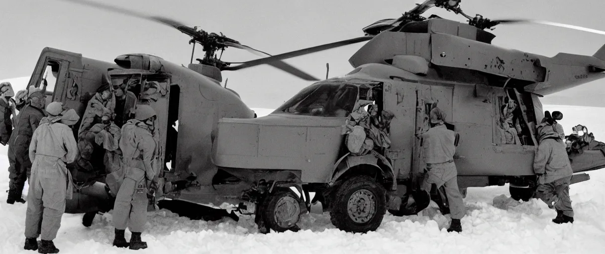 Image similar to establishing wide shot color movie like 3 5 mm photograph of middle aged caucasian us soldierss unloading dark grey metal rectangular crate from a black military 1 9 8 2 helicopter at a top secret military base in antarctica