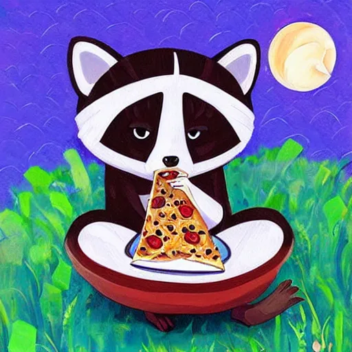 Prompt: a jeremiah ketner and studio ghibli acrylic impasto! painting! of a sad and teary and adorable and cute raccoon eating pizza