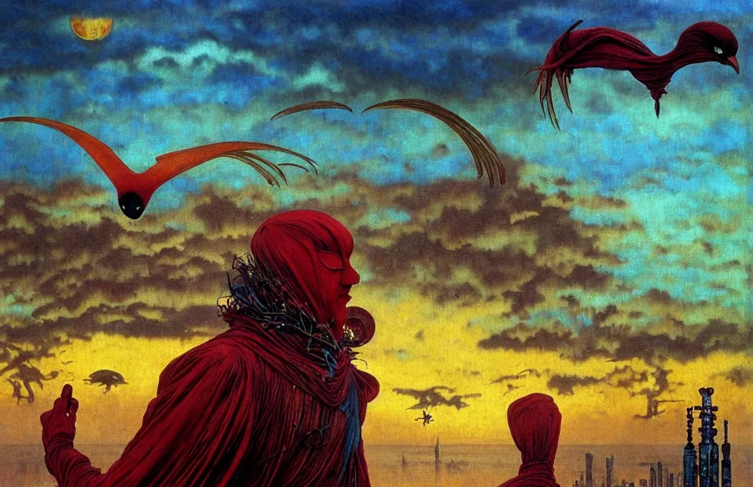 Image similar to realistic detailed portrait movie shot of a birdman wearing dark ragged robes, sci fi city sunset landscape background by denis villeneuve, amano, yves tanguy, alphonse mucha, ernst haeckel, max ernst, roger dean, masterpiece, rich moody colours, bird head, blue eyes