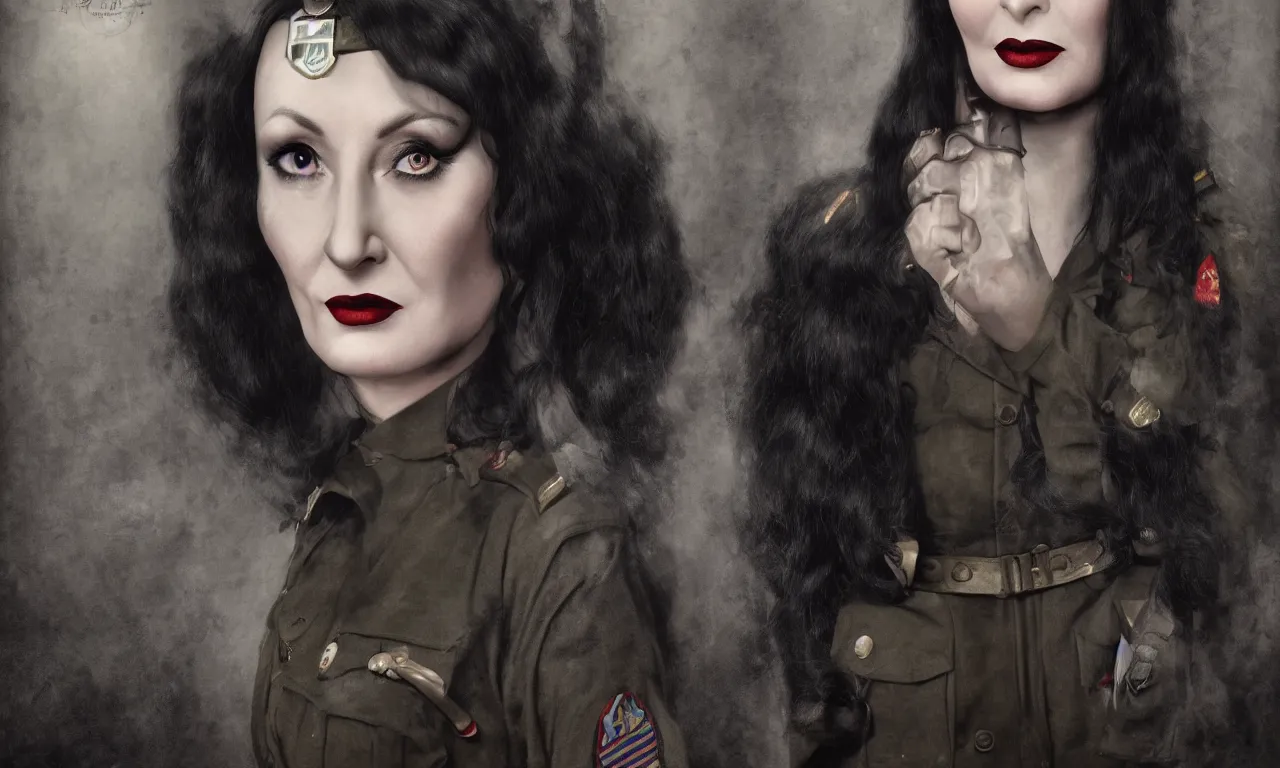 Prompt: Photograph of Morticia Addams dressed in World War One military uniform, portrait, photorealistic, hyperrealism, highly detailed, octane render, style by Richard Estes,