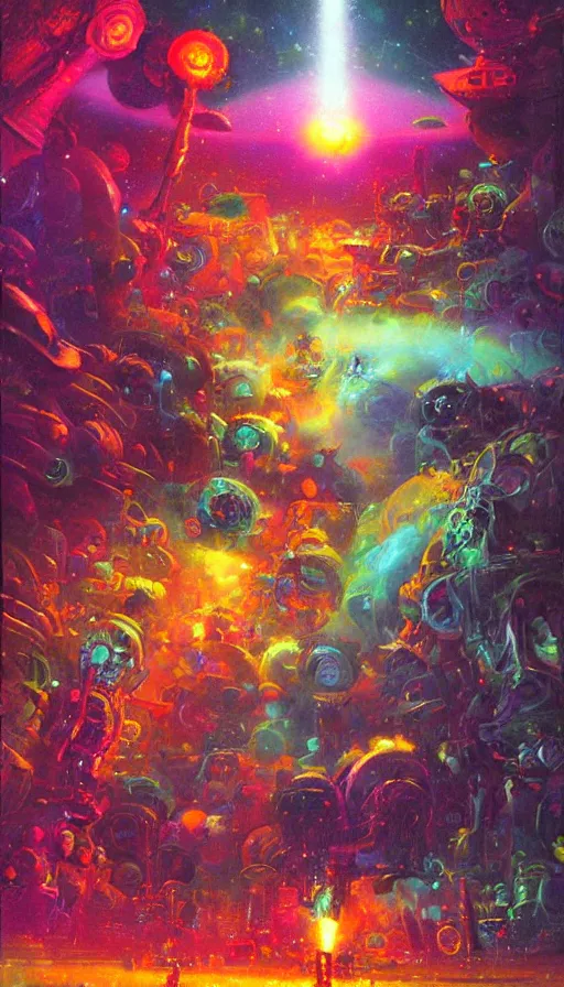 Prompt: psytrance artwork, by paul lehr,