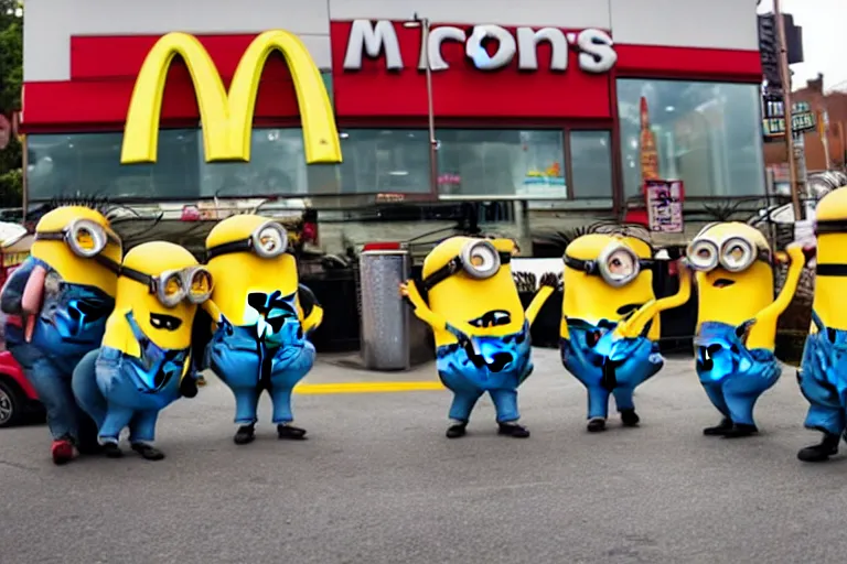 Prompt: minions fighting outside of a mcdonalds