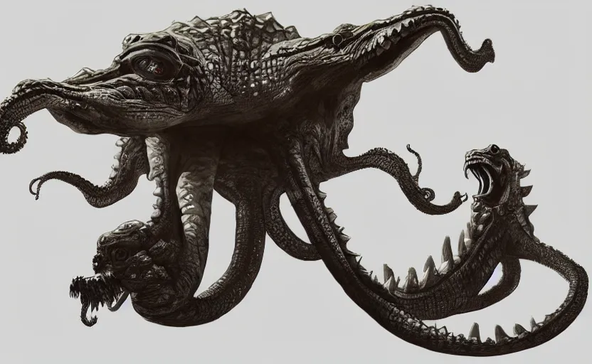 Prompt: crocodile octopus monster, legs, maw, character design, concept art, artstation, by Anthony Jones