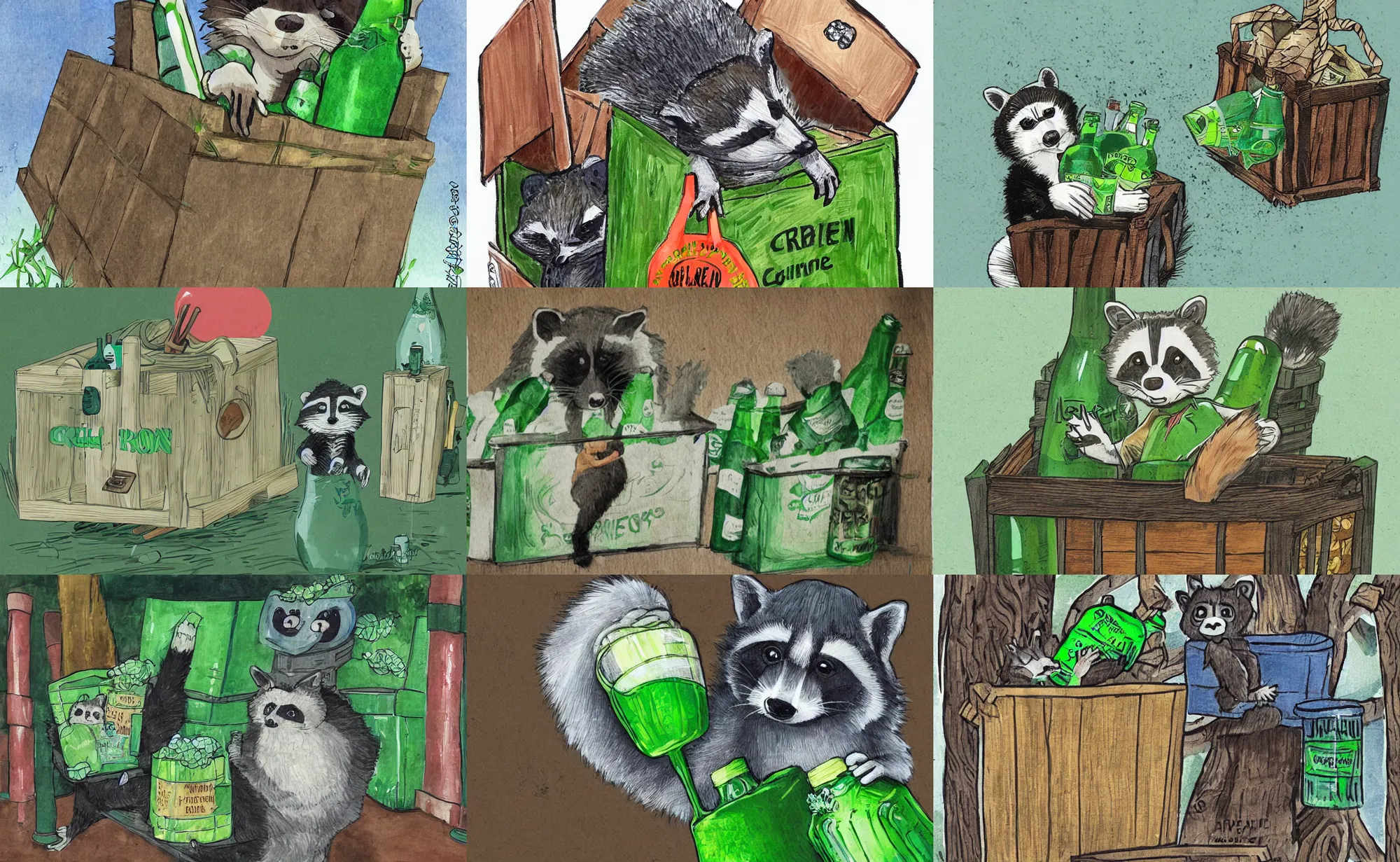 Prompt: an illustration of a racoon carrying a crate full of green beer bottles very cute by cornelia li