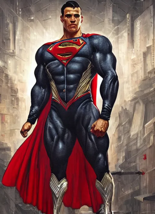 Image similar to portrait of crossfit bodybuilder fitness sprinter superman!, futuristic detailed ornate cyberpunk costume!, red and black costume!!!, pale skin!, no logo!!!, painted art by tsuyoshi nagano, greg rutkowski, artgerm, alphonse mucha, spike painting