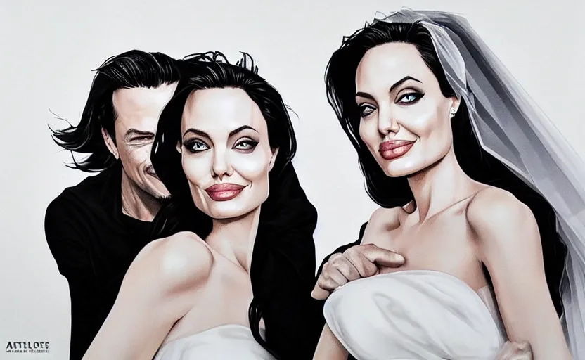 Image similar to Angelina Jolie and Margot Robbie are getting married, wedding couple portrait by Artgerm