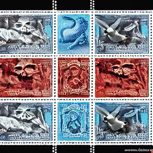 Image similar to stamps from a alternate dimension, stamp collection, eerie