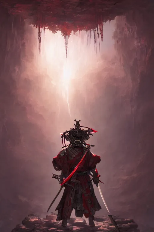 Prompt: a samurai cloaked in white carrying swords on his back, standing under a beam of light, a dark cave, ruby red sorrow, intricate, elegant, highly detailed, ornate, beautifully lit, ray traced, octane render by Peter Mohrbacher and Peter Gric