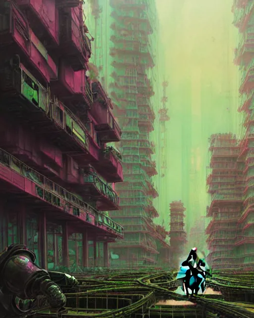 Image similar to hyperrealistic hyperdetailed mecha iridescent pink dystopian city ruins backrgound concept art santiago caruso de chirico sharp very dramatic green light 8k low angle shallow depth of field