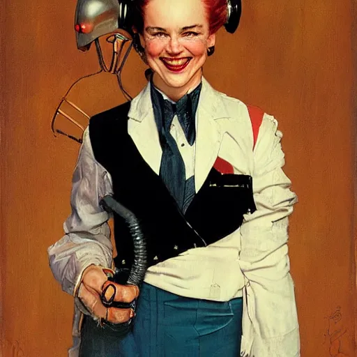 Image similar to portrait of a dapper cyberpunk woman, with a smile that hurts her face, by norman rockwell