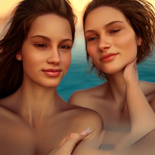 Image similar to beautiful serene intricate portrait of identical twin women, taking a selfie, smiling softly, relaxing on the beach, wearing casual clothes golden hour, soft focus, 8 k, art by irakli nadar, hyperrealism, hyperdetailed, ultra realistic