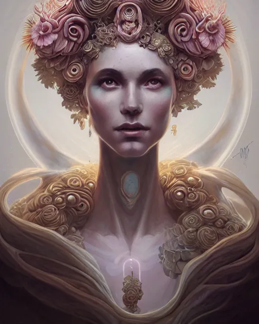 Prompt: highly detailed mycelium priestess portrait, artgerm, peter mohrbacher, intricate carved ivory flower blooms, artstation, halo of light, gilding