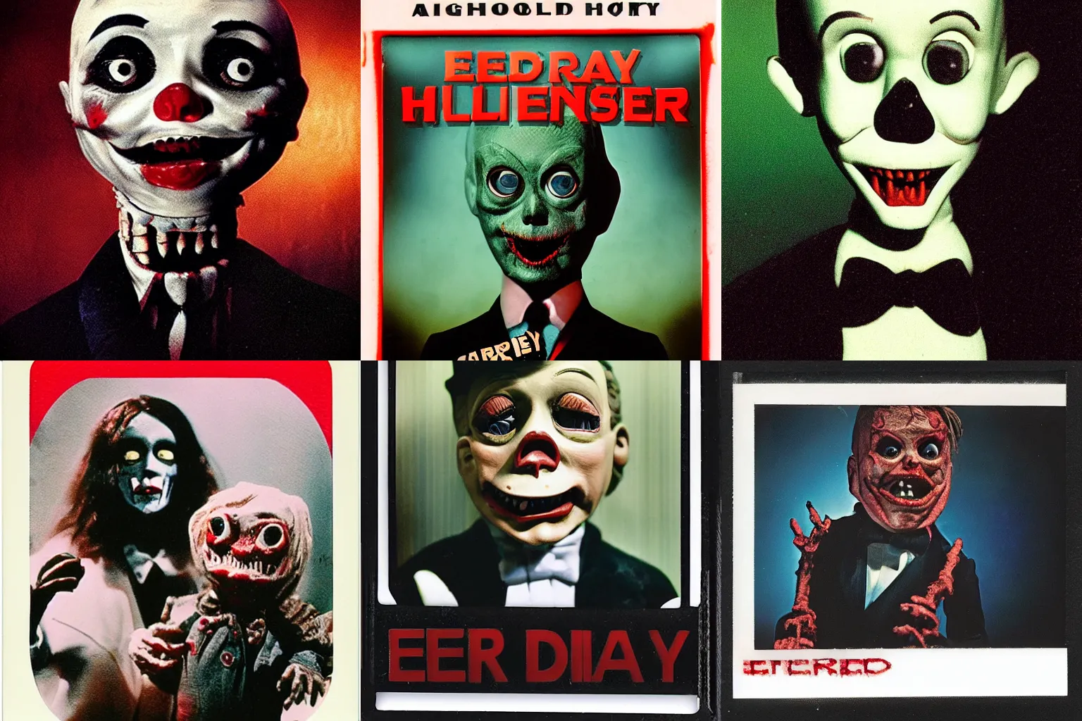 Image similar to A highly detailed head and shoulders masterpiece eerie color polaroid of a ventriloquist horror, scary, terrifying, horrific, nighttime, dimly lit, creepy hd 4k