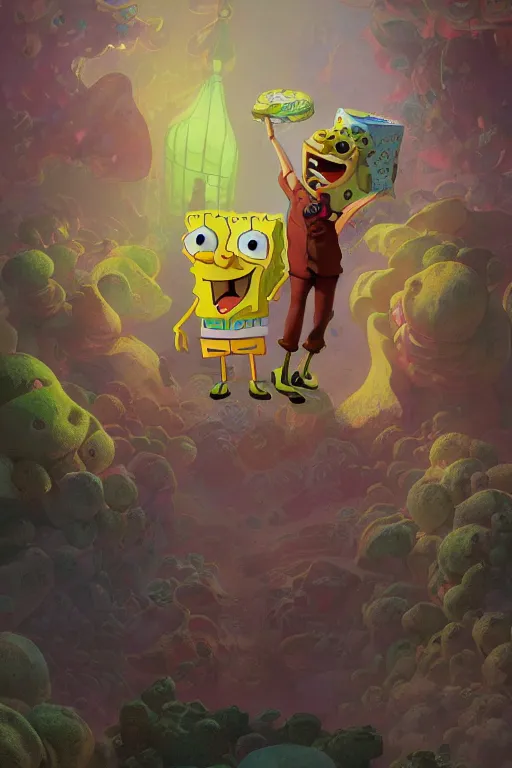 Image similar to SpongeBob and Patrick from Disney Chanel., disco elysium, highly detailed, digital painting, artstation, concept art, smooth, sharp focus, illustration, art by artgerm and greg rutkowski and alphonse mucha and Wayne Barlowe and Zdislav Beksinski and Francis Bacon