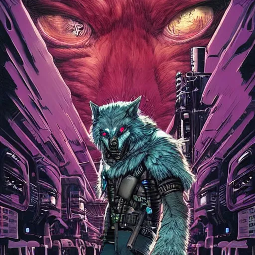 Image similar to portrait of a cybernetic werewolf warrior with white fur and power armor, cyberpunk concept art by josan gonzales and moebius and enki bilal and and dan mumford and jean claude meziere and philippe druilleg