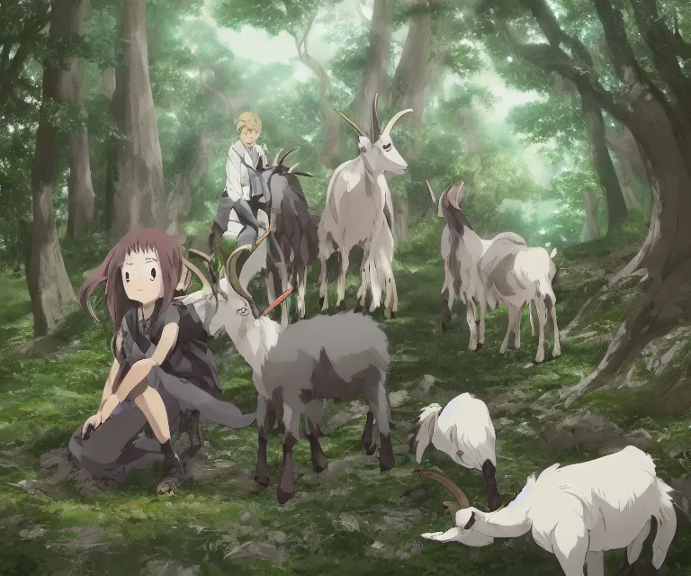 Image similar to goat in a forest, anime fantasy illustration by tomoyuki yamasaki, kyoto studio, madhouse, ufotable, comixwave films, trending on artstation