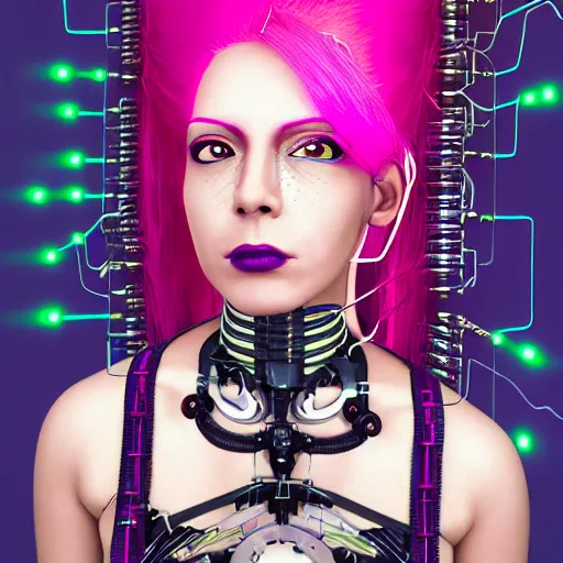 Image similar to portrait of a mexican woman with pink hair as a cyberpunk cyborg half robot, revealing wires and electronics, circuit boards, wire management, sci - fi, missing panels, intricate abstract upper body intricate artwork, concept art, octane render, deviantart, cinematic, key art, hyperrealism, iridescent accents, portrait photograph, nikon 3 5 mm, photograph by greg rutkowski