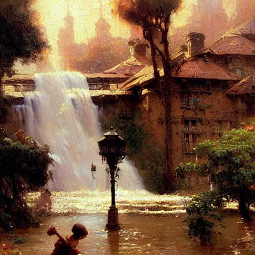 Image similar to waterfall flooding an entire village. victorian age. highly detailed painting by gaston bussiere, craig mullins, j. c. leyendecker