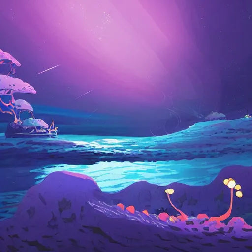 Image similar to sea under starry sky with reefs, light purple tones, animated film, stylised, illustration,, fantasy art, 2 d game art, by eyvind earle, scott wills, genndy tartakovski, roman shipunov, etienne hebinger, atey ghailan, cgsociety, cynical realism