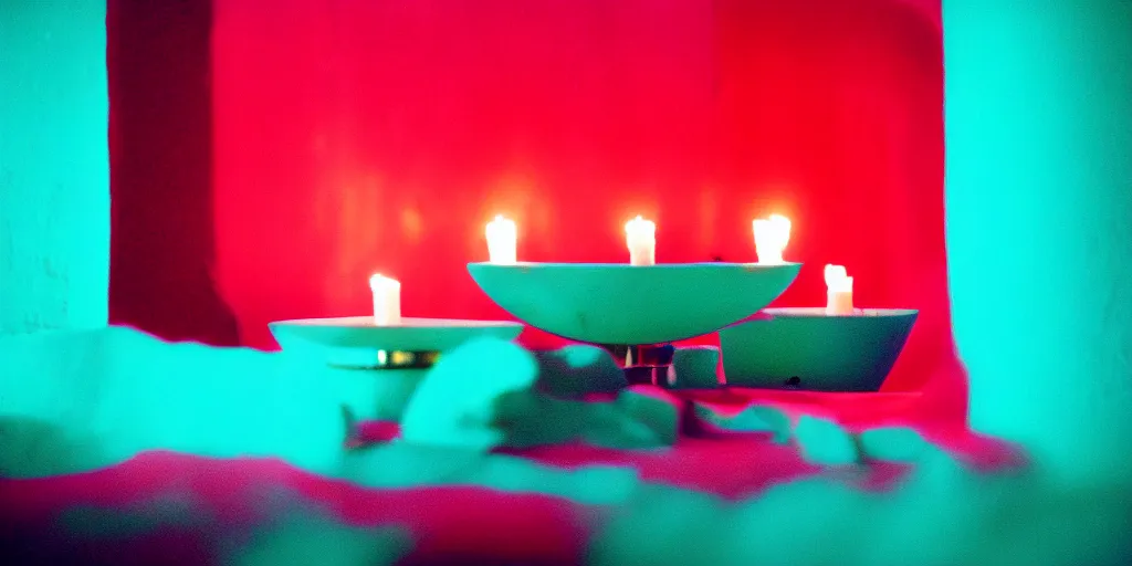 Image similar to macro of a vessel full of blood, it's in the corner of a room that's lit with candles, turquoise and pink lighting, 1980s, cinestill 800t